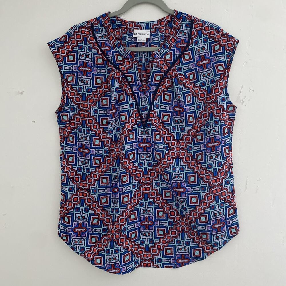 Liz Claiborne Top M Colorful Print Sleeveless Boho Shell Blouse V-Neck Geometric